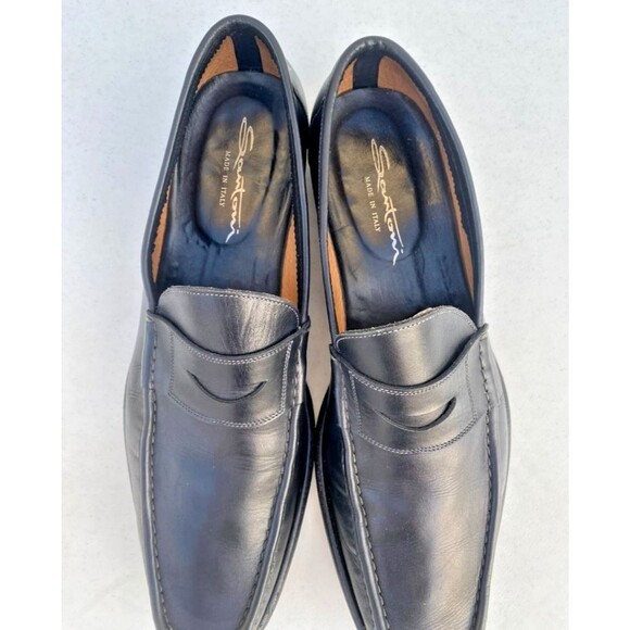 Santoni Black Leather Penny Loafers Made In Italy Dress Slip On Shoes -Size 12 D main image 10